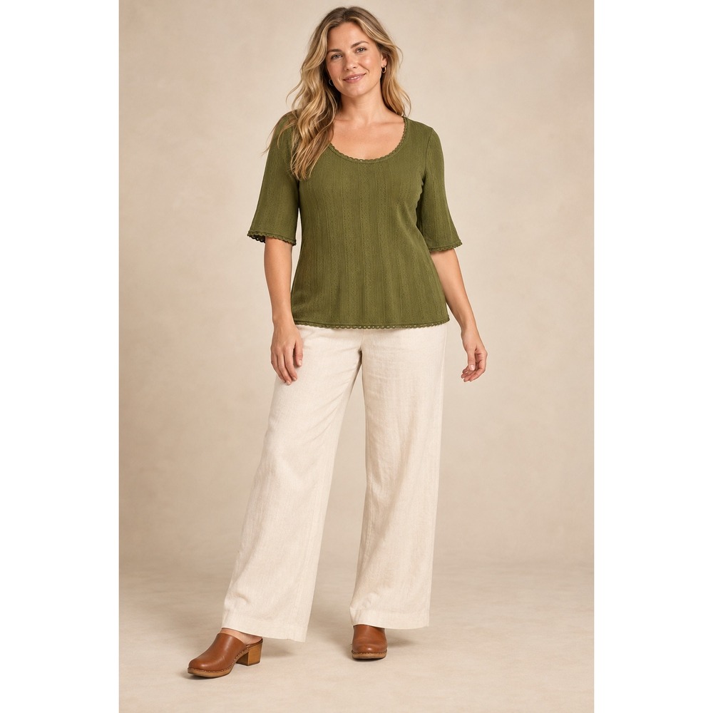Sundance Olive Green Pointelle Knit Lace Trim Top XL Boho Cottagecore Cotton
